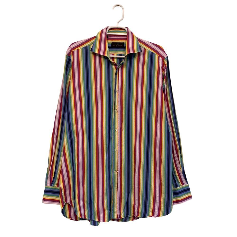ETRO Milano Multicolored Pinstripe Button Up Men’s Shirt Size 42 ITALY Dopamine
